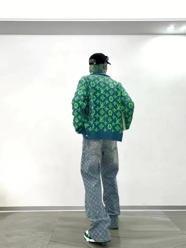 1V Jacquard straight washed jeans