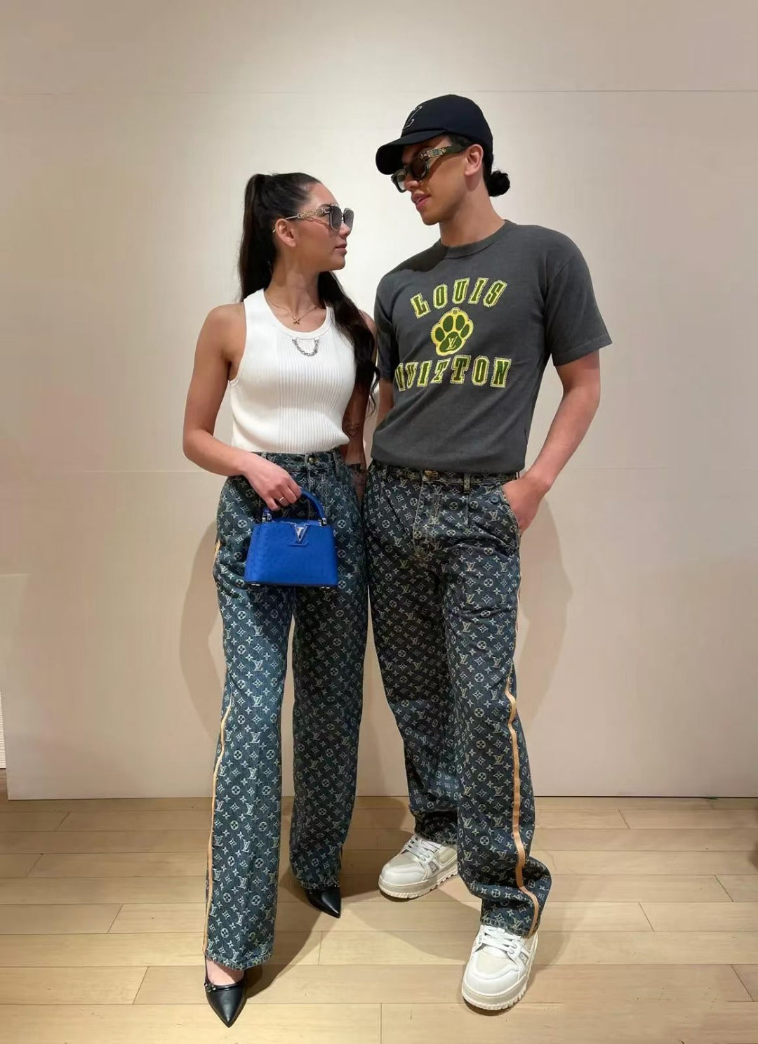 1V Jacquard side leather jeans