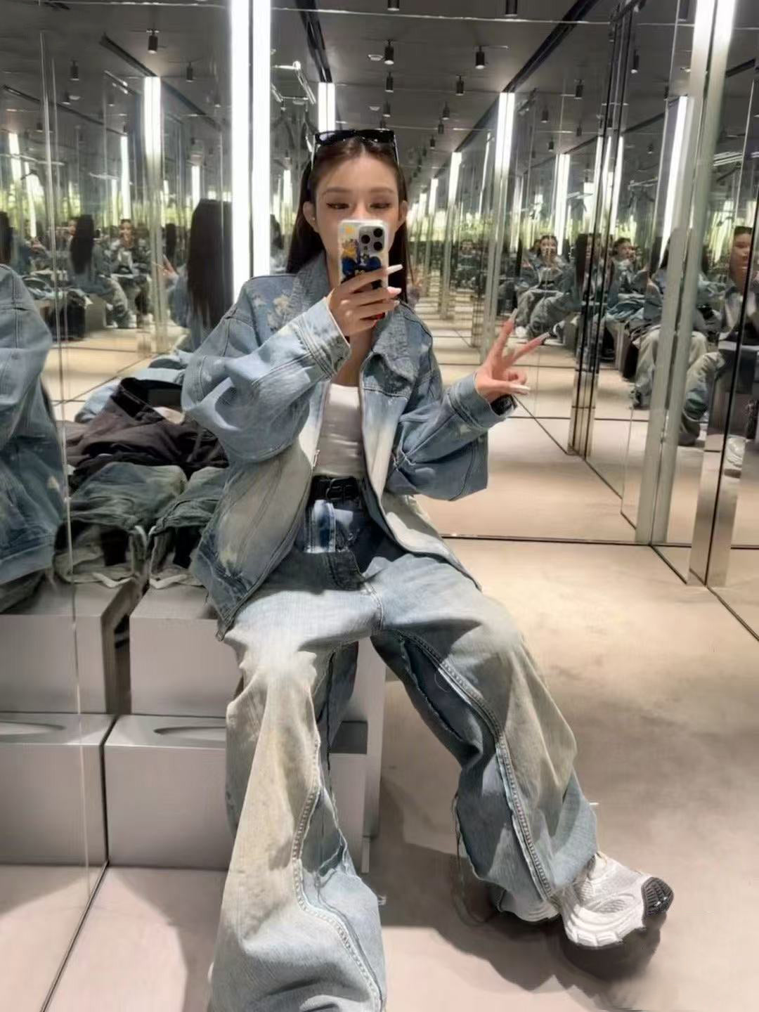 B 2025ss washed patchwork jeans