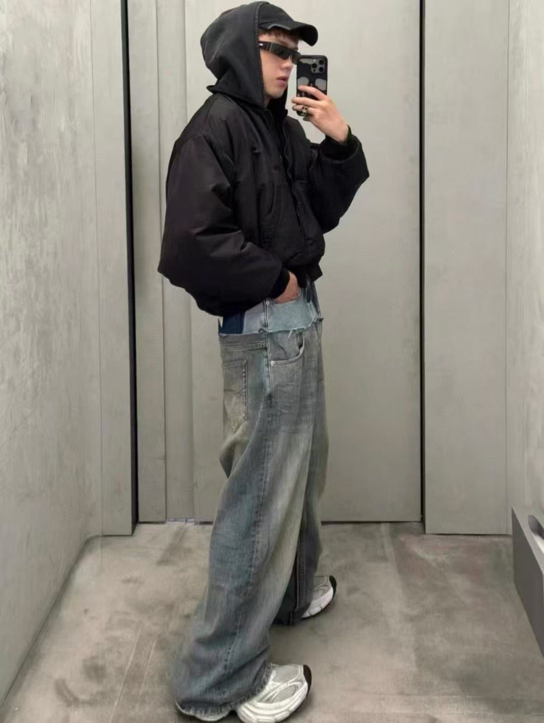 B 2025ss washed patchwork jeans