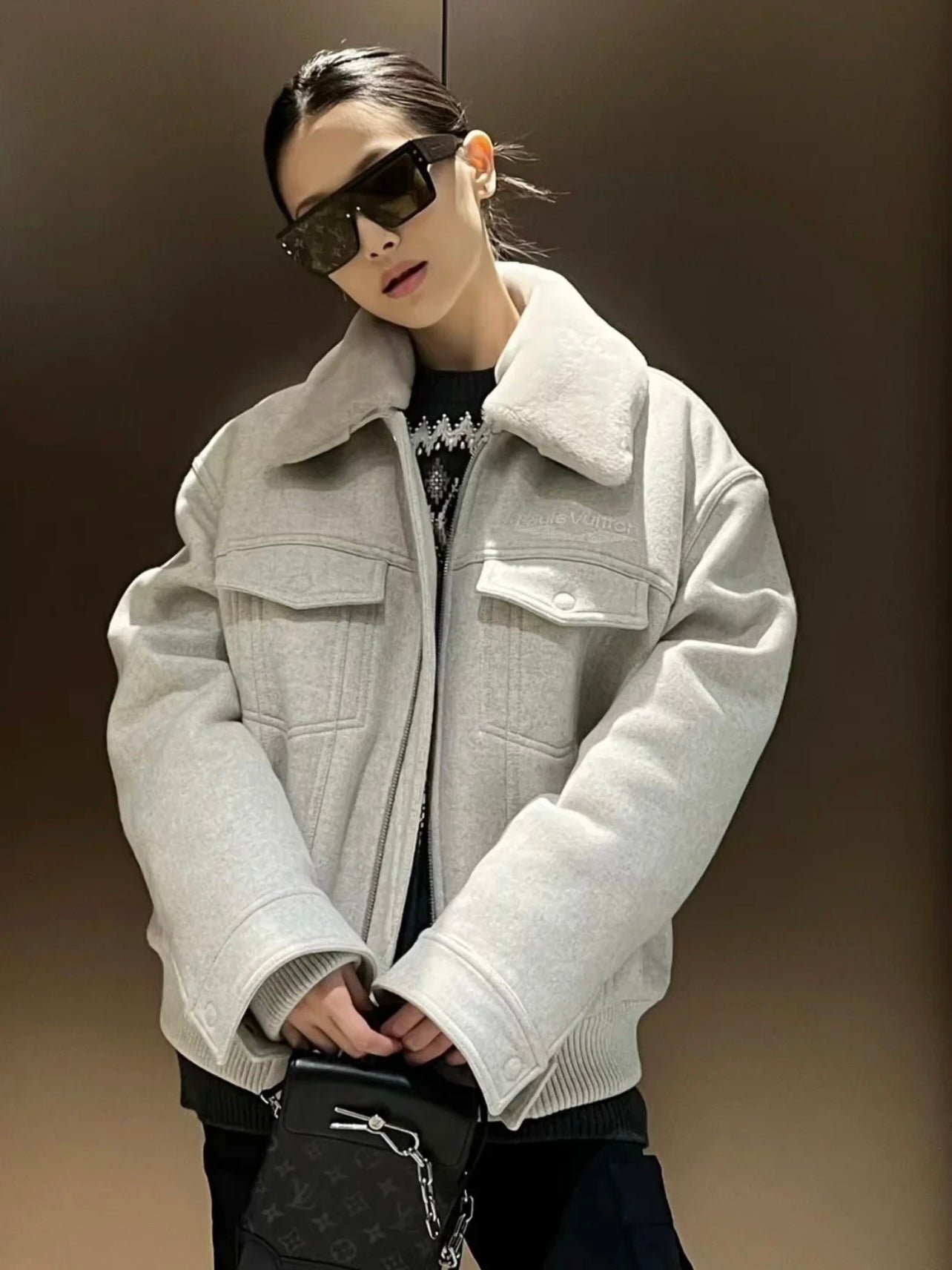 1V 24FW Fur Collar Splicing Wool Cotton Jacket