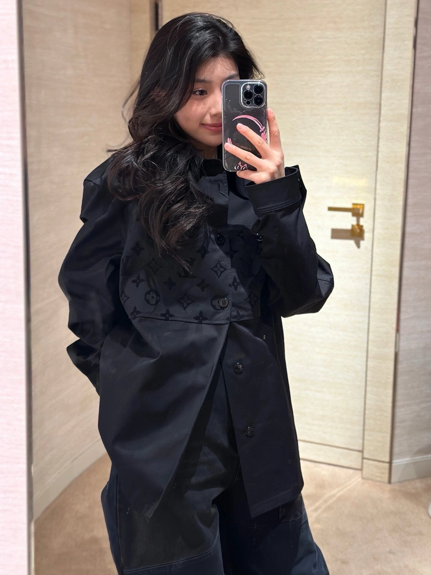 1V Black flocked patchwork shirt Set