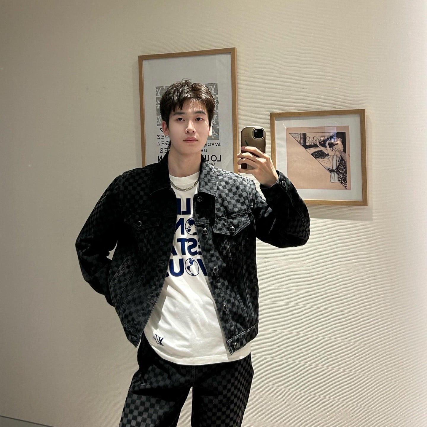 1V 24FW Gradient Checkerboard Denim Jacket set