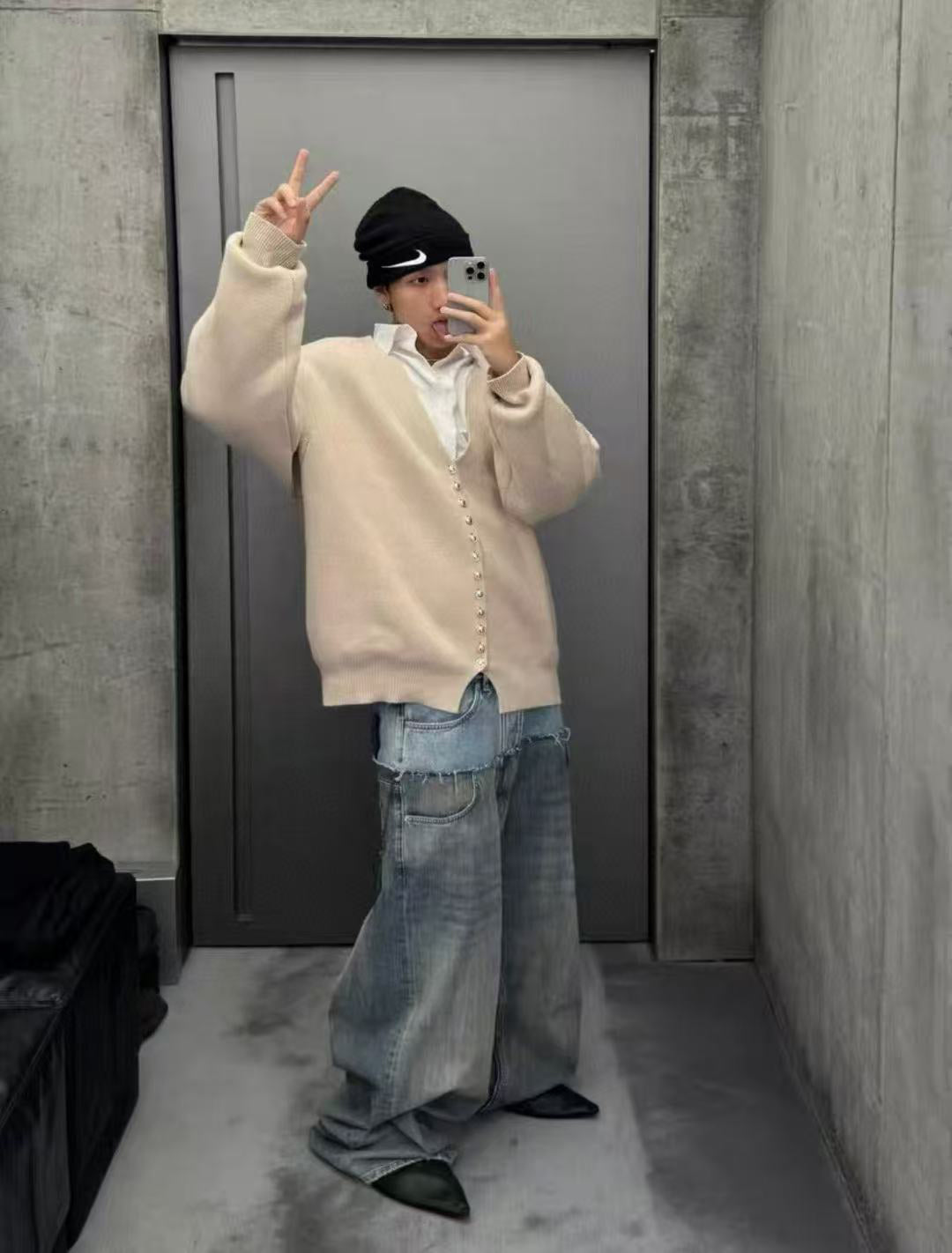 B 2025ss washed patchwork jeans
