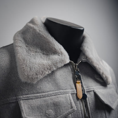 1V 24FW Fur Collar Splicing Wool Cotton Jacket