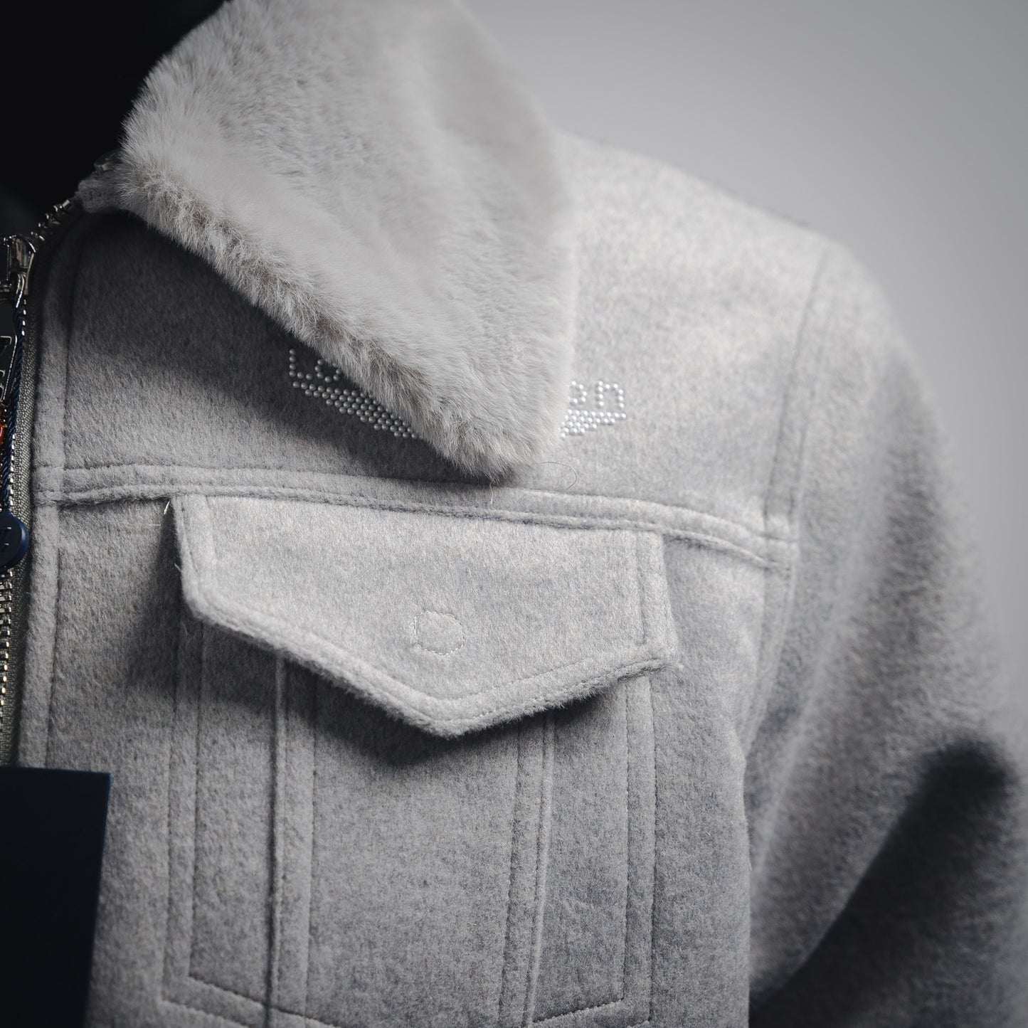 1V 24FW Fur Collar Splicing Wool Cotton Jacket