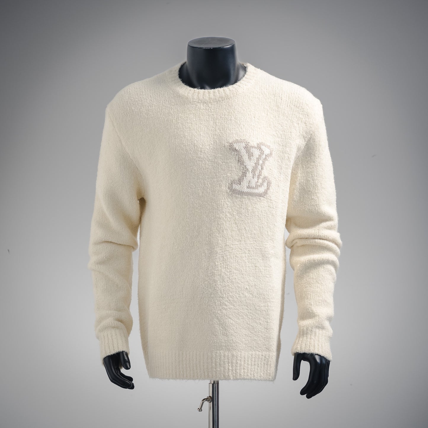 L Buchstabe Logo Intarsien gestrickter Pullover mit Rundhalsausschnitt 