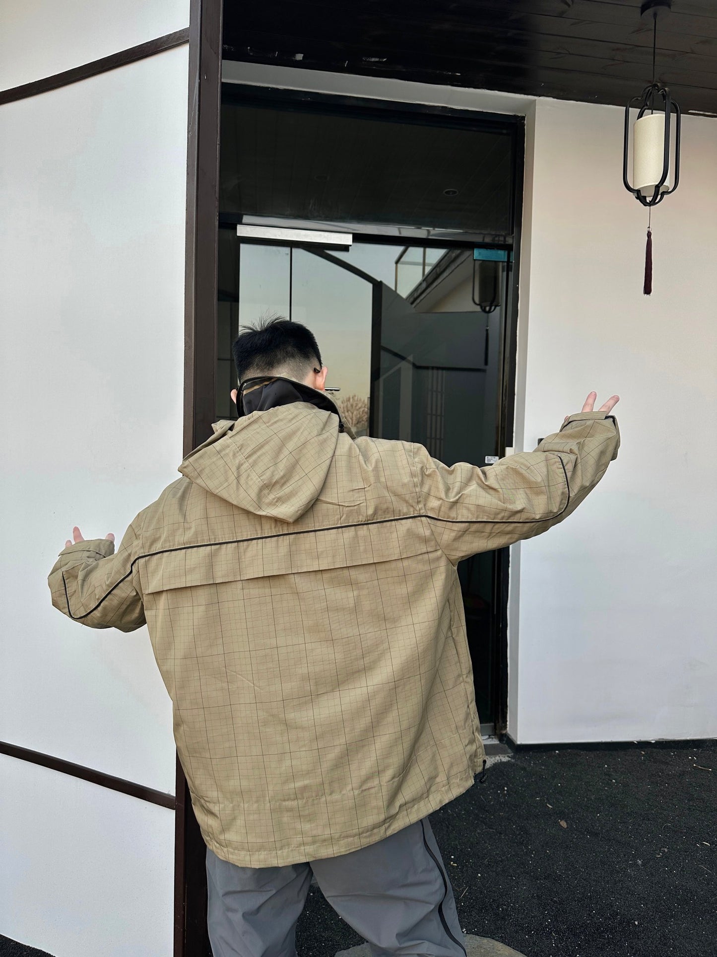 
B Bestickter Stehkragen-Halb-Reißverschluss-Plaid-Jacke