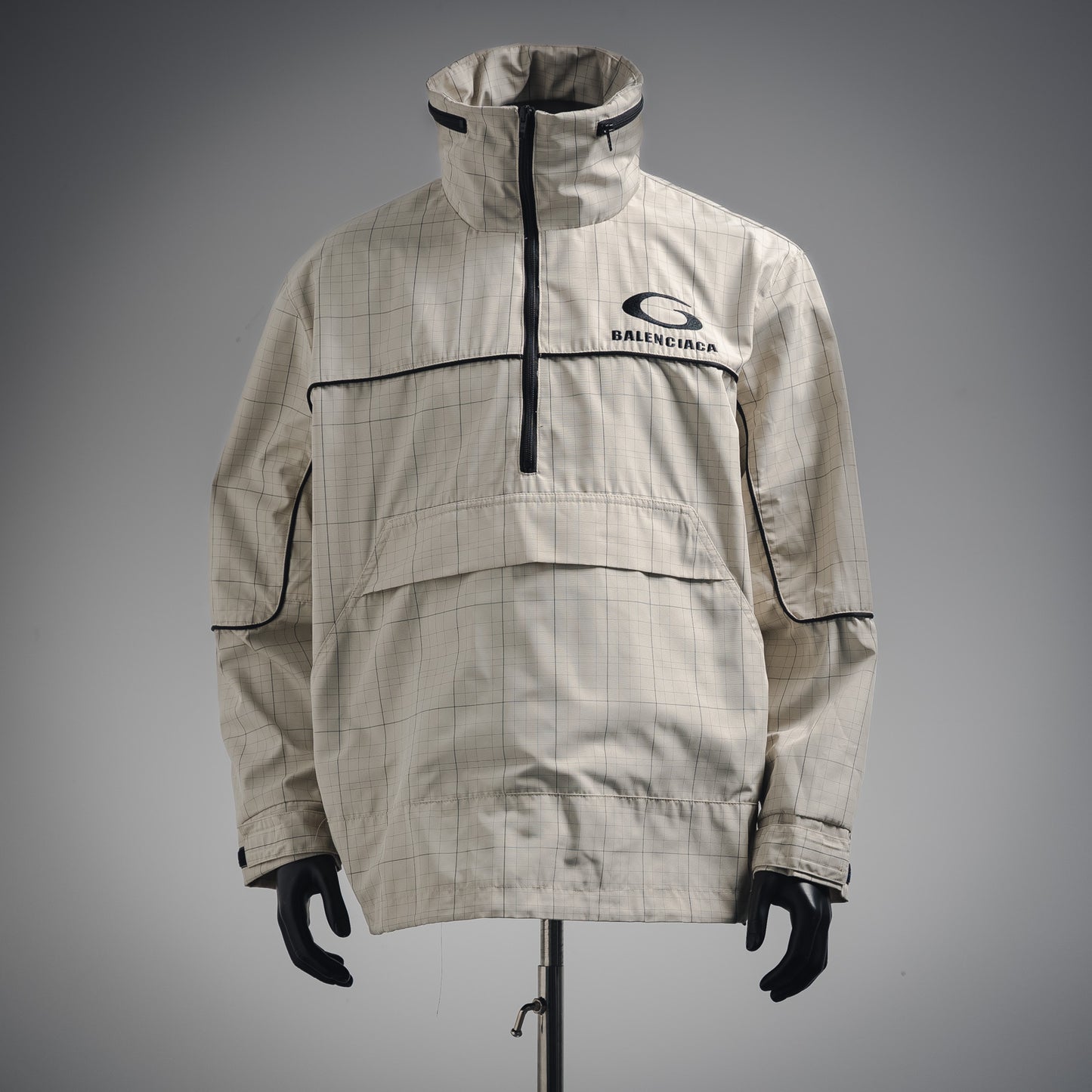 
B Bestickter Stehkragen-Halb-Reißverschluss-Plaid-Jacke