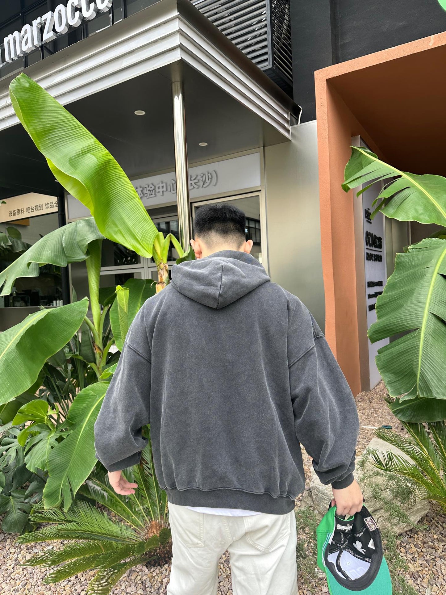 B  Printed washed hooded sweatshirt