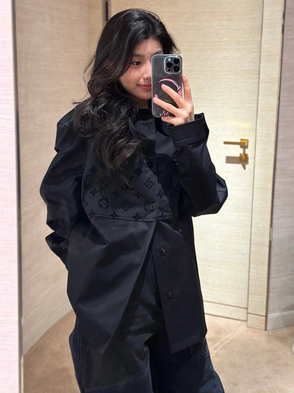 1V Black flocked patchwork shirt Set
