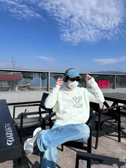 L Buchstabe Logo Intarsien gestrickter Pullover mit Rundhalsausschnitt 