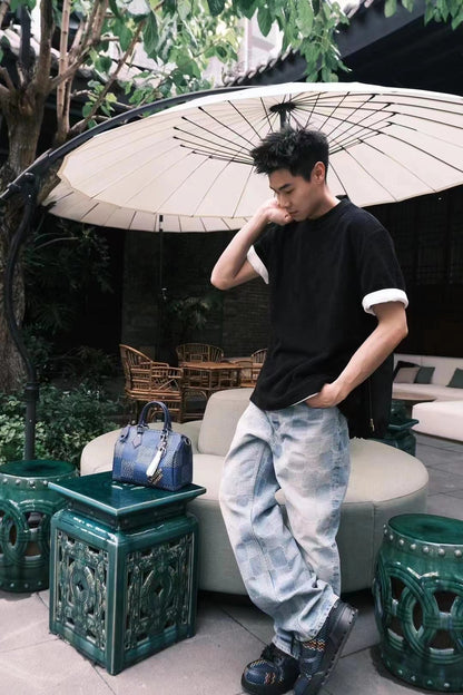 1V  wide-leg checkerboard denim pants