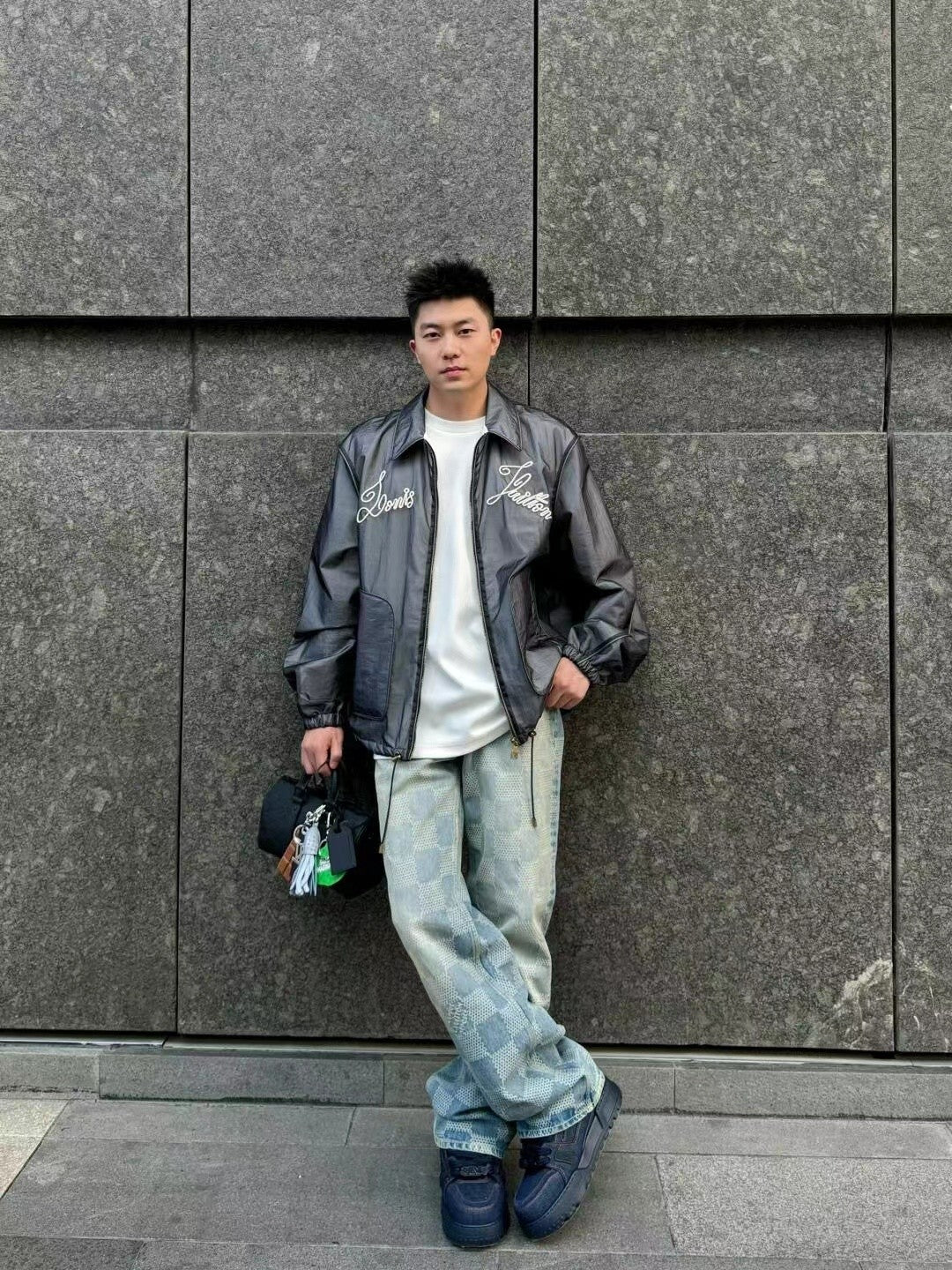 1V  wide-leg checkerboard denim pants
