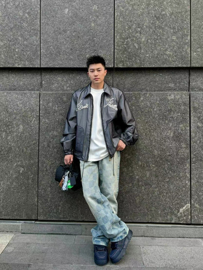 1V  wide-leg checkerboard denim pants
