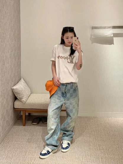 1V  wide-leg checkerboard denim pants