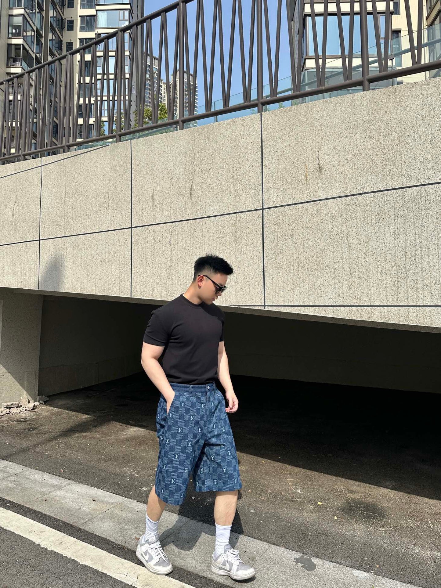 1V 2025 Embroidered Damier Denim Shorts