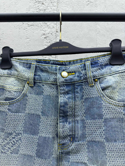 1V  wide-leg checkerboard denim pants