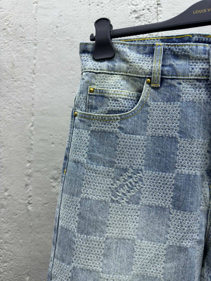 1V  wide-leg checkerboard denim pants