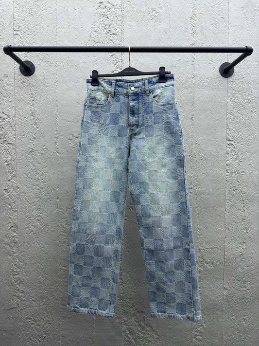 1V  wide-leg checkerboard denim pants