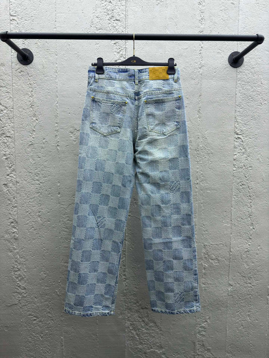 1V  wide-leg checkerboard denim pants
