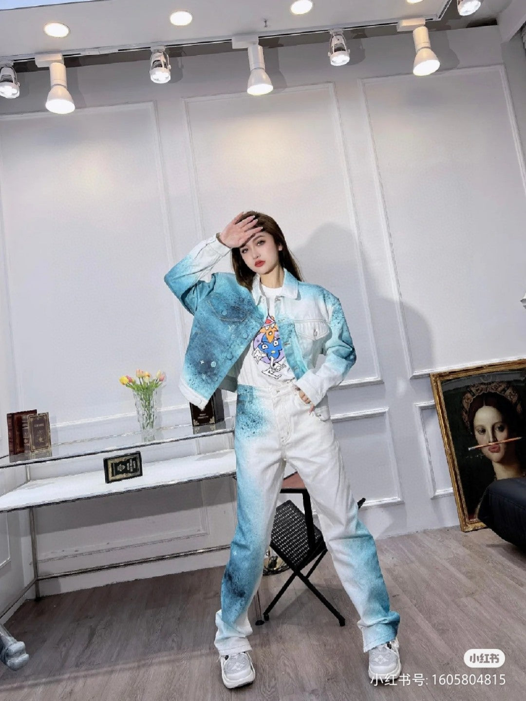 1V  ink-splashed starry sky denim jacket