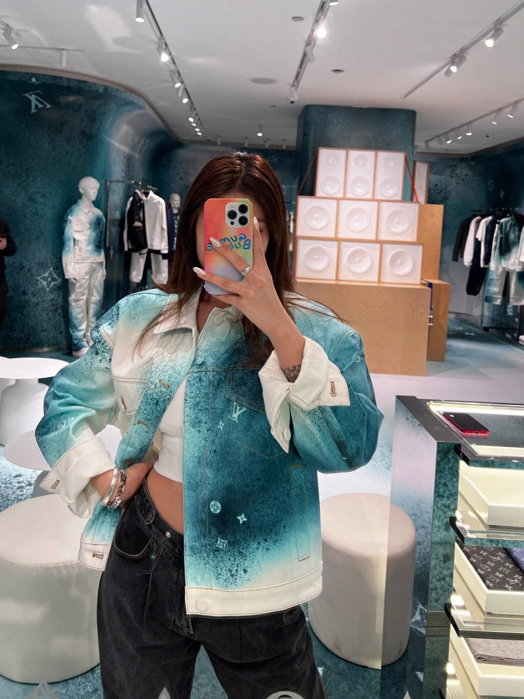 1V  ink-splashed starry sky denim jacket