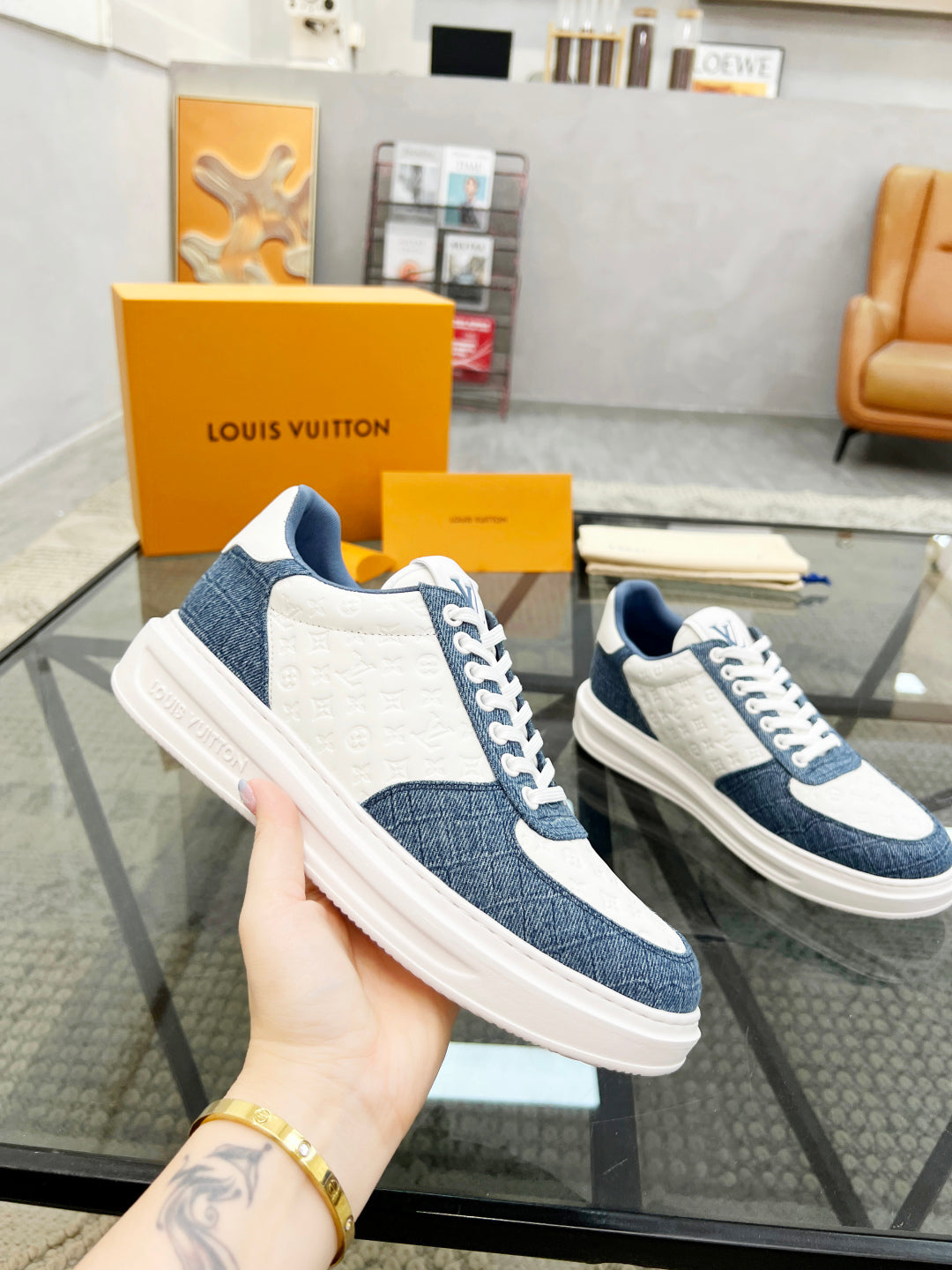1V  Blue and White Embossed Sneaker
