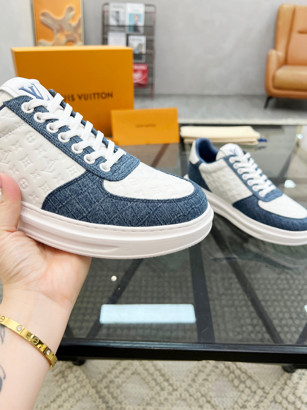 1V  Blue and White Embossed Sneaker