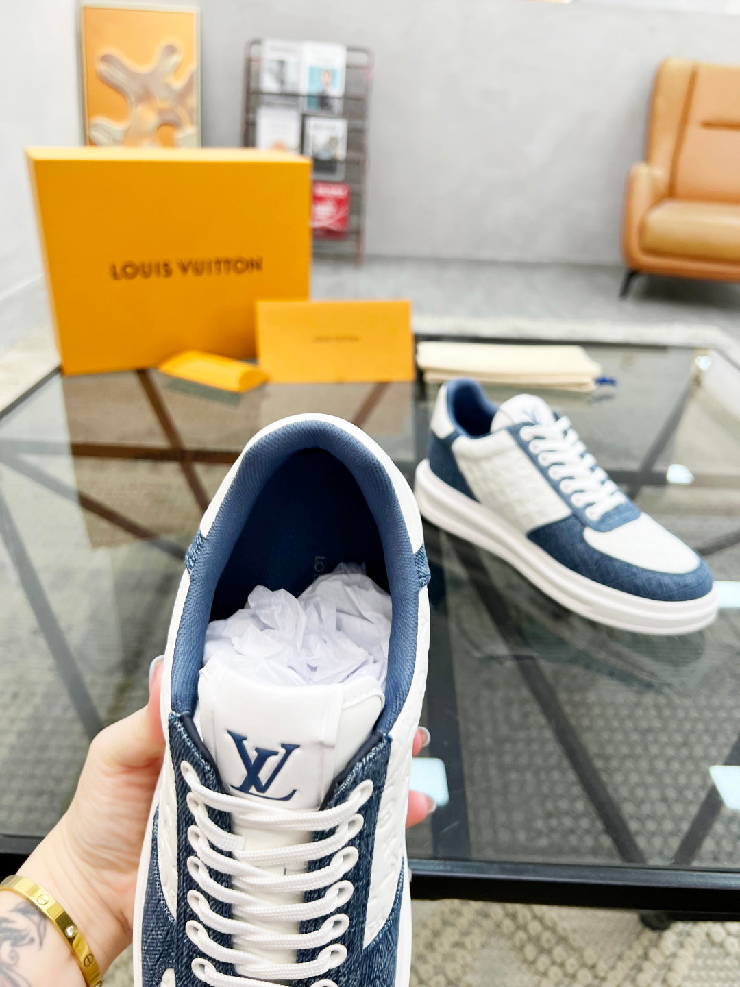 1V  Blue and White Embossed Sneaker